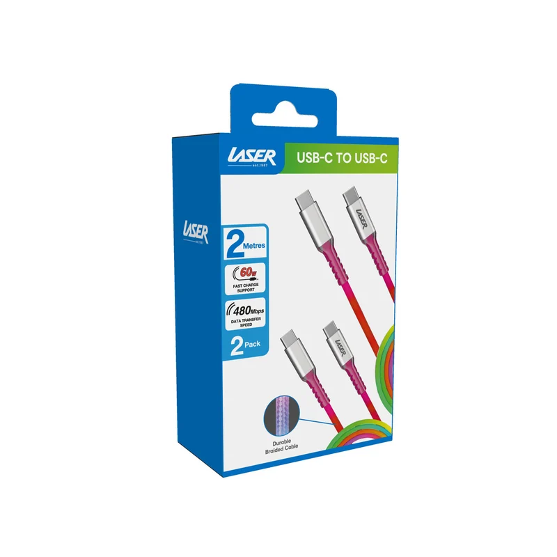 Laser 2m (2-pack) USB-C to USB-C Braided Cable (Rainbow)
