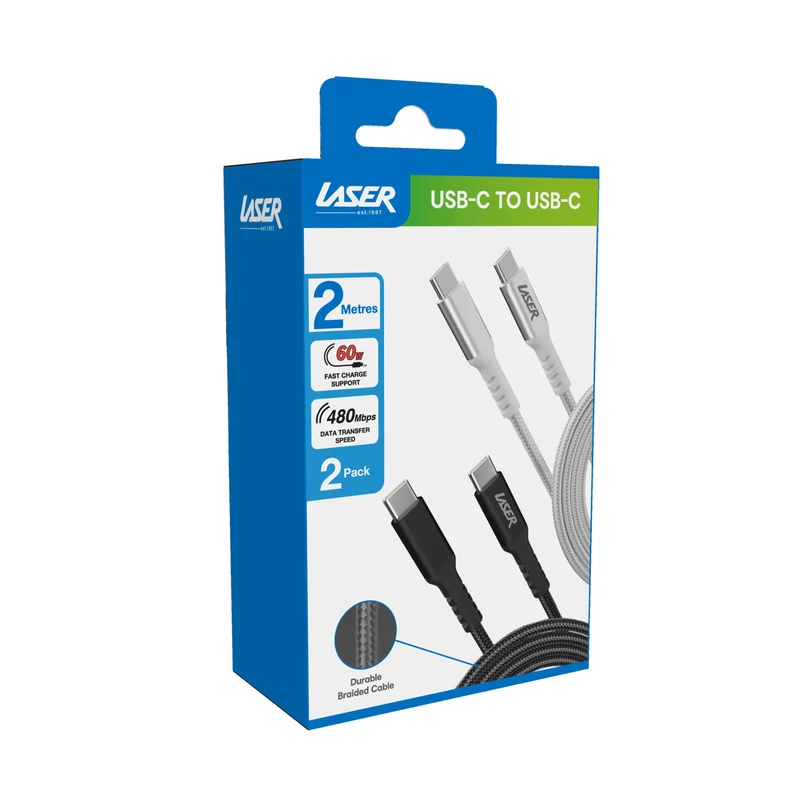 Laser 2m (2-pack) USB-C to USB-C Cable 60W (Black/Silver)