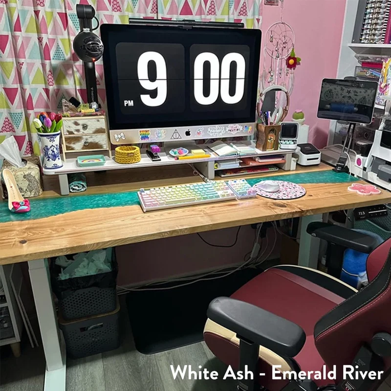 Desky Dual Resin Hardwood Sit Stand Desk 150cm White Ash Emerald River Desktop and Wheat Frame