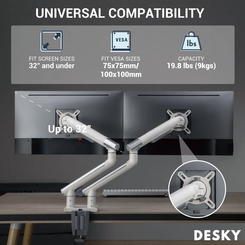 Desky Dual Slim Aluminium Monitor Arm - White