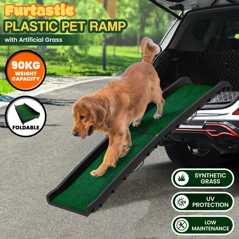 Furtastic Foldable Dog Ramp with Non Slip Synthetic Grass Lightweight Plastic Portable Pet Ramp for Car SUV