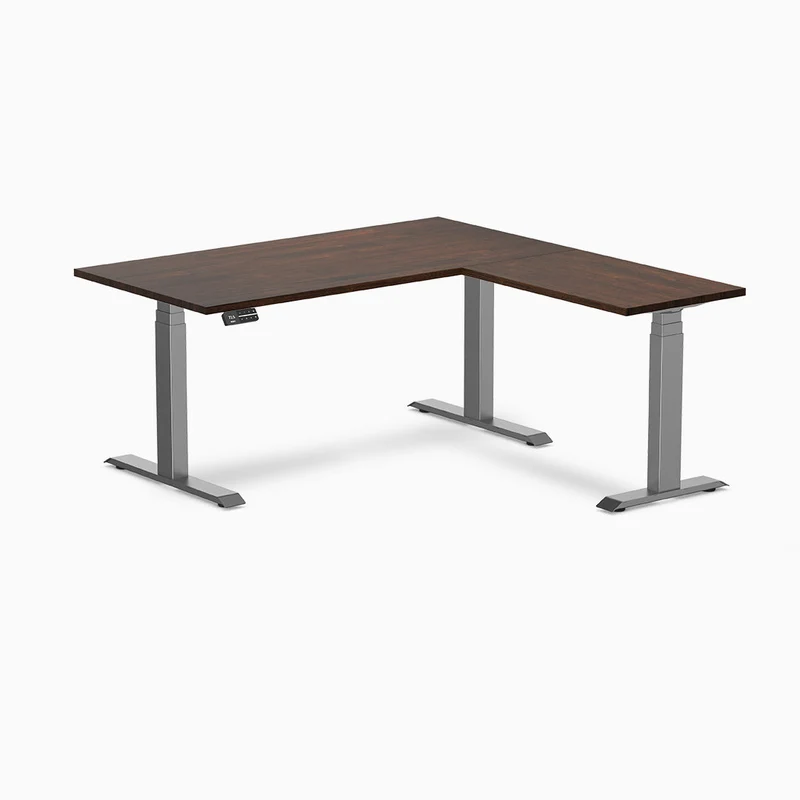 Desky Rubberwood L-Shape Sit Stand Desk 150 x 155 cm Red Walnut Top and Wheat Leg