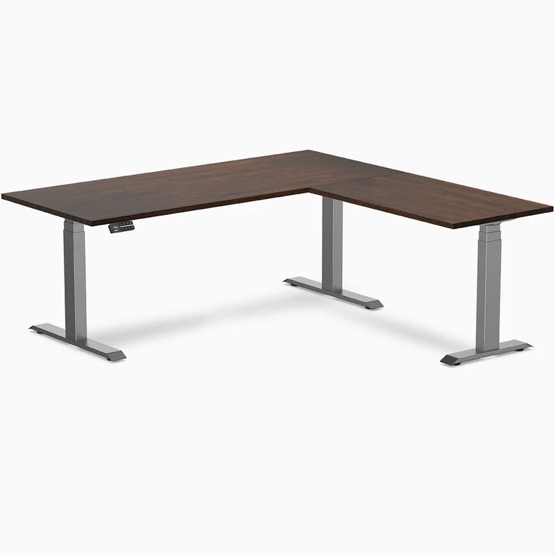 Desky Rubberwood L-Shape Sit Stand Desk 150 x 155 cm Dark Walnut Top and Wheat Leg