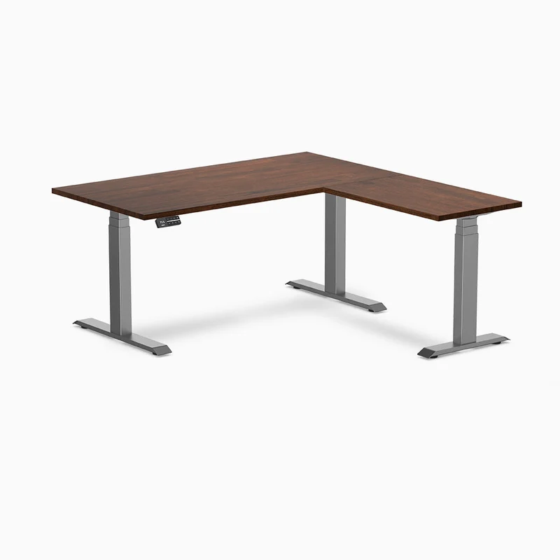 Desky Rubberwood L-Shape Sit Stand Desk 150 x 155 cm Dark Walnut Top and Wheat Leg