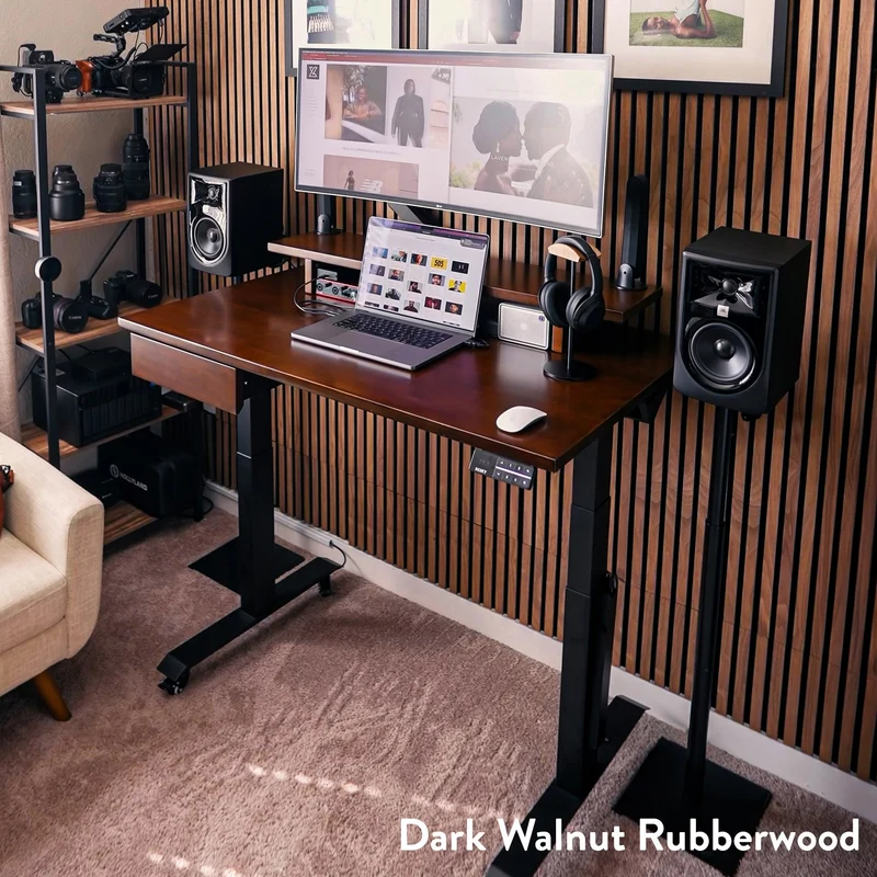 Desky Dual Rubberwood Sit Stand Desk 200cm Dark Walnut Desktop and Wheat Frame