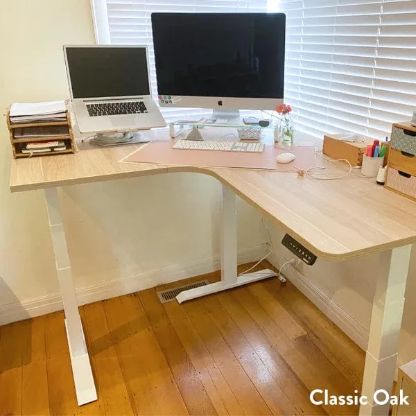Desky L-Shape Melamine Sit Stand Desk 180cm - Left Return Prime Oak Top and Wheat Leg