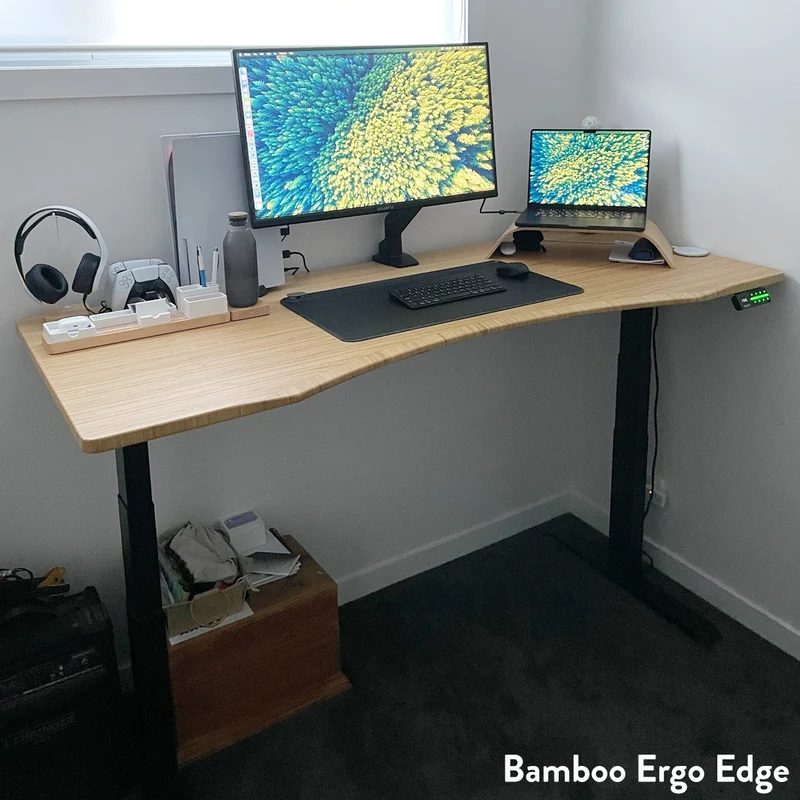 Desky Dual Ergo Edge Sit Stand Desk 120cm Bamboo Desktop and Wheat Frame
