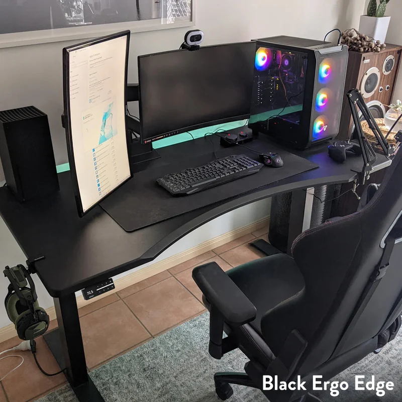Desky Dual Ergo Edge Sit Stand Desk 120cm Black Desktop and Wheat Frame