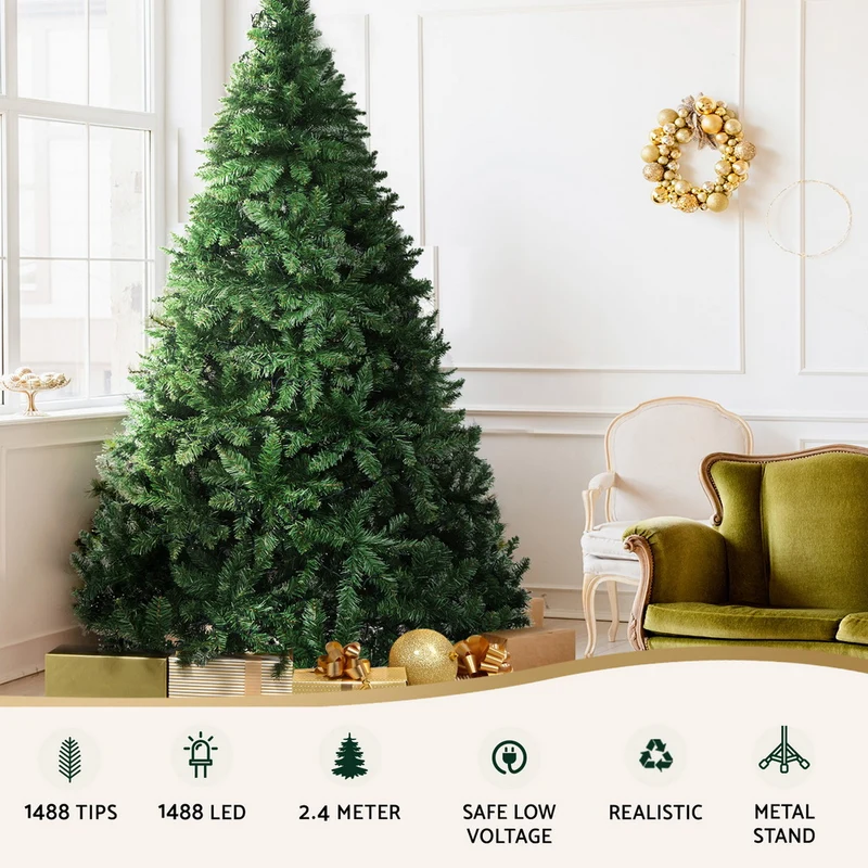 Jingle Jollys Christmas Tree 2.4m Xmas Tree Decorations 1488 LEDs 8 Light Modes