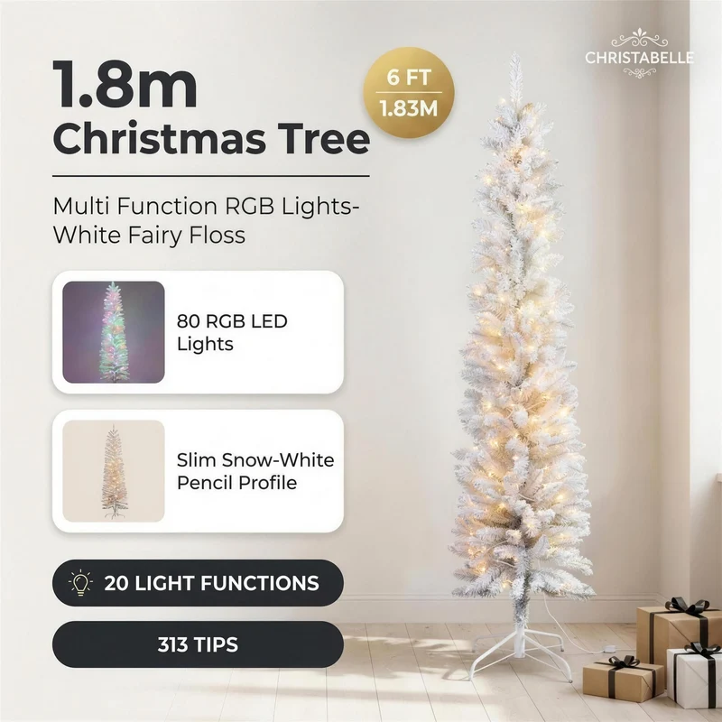 Christabelle 1.8m 6ft White Fairy Floss Christmas Tree Pre Lit RGB LED Flocked Slim 20 Modes Festive Holiday Decoration