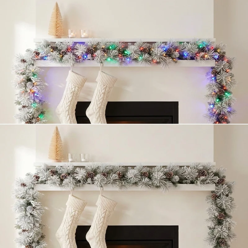Christabelle 2.74m Alpine Snow Christmas Garland Pre Lit Multi Function LED Timer Flocked Pine Cones