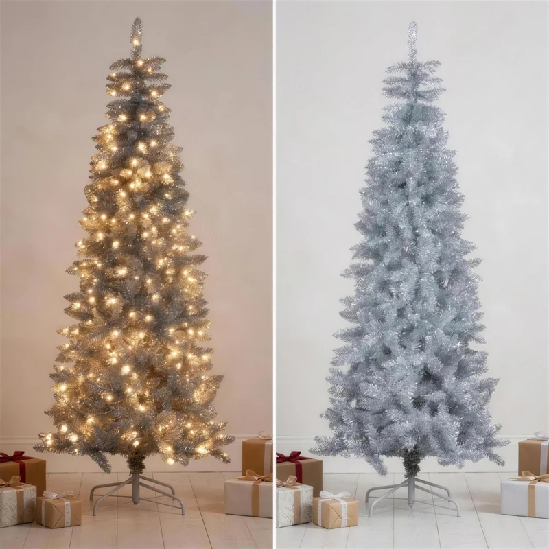 Christabelle 2.1m 7ft Silver Tinsel Christmas Tree Pre Lit Warm White LED Retro Artificial Indoor Xmas Decor Home