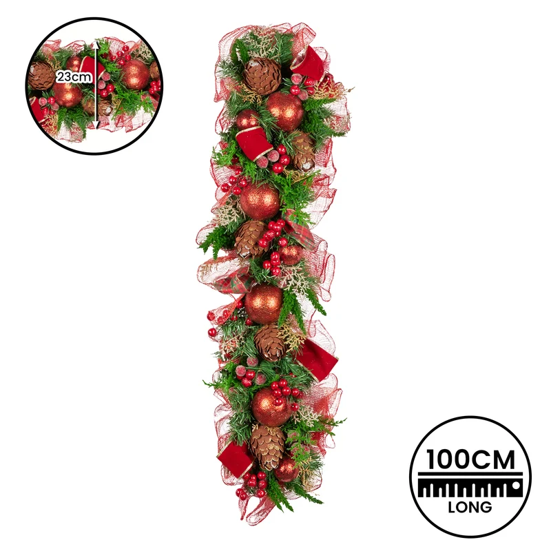 Christabelle 1m Christmas Garland with Red Berries Pine Cones Baubles Berries Tree Decoration Ornament