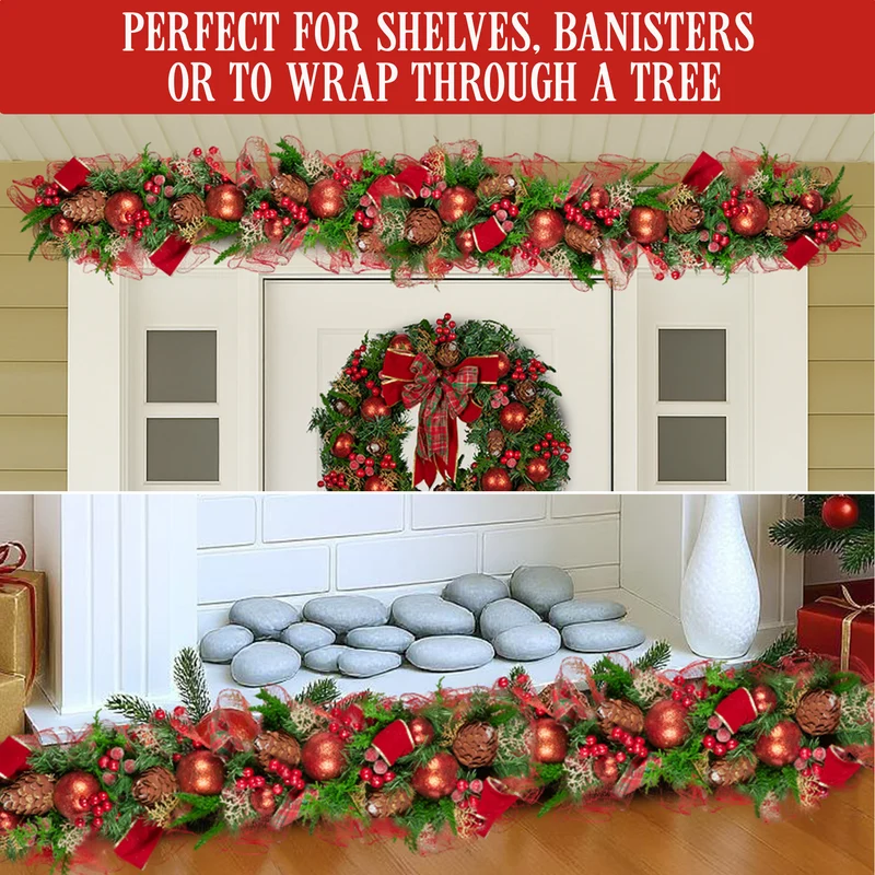 Christabelle 1m Christmas Garland with Red Berries Pine Cones Baubles Berries Tree Decoration Ornament