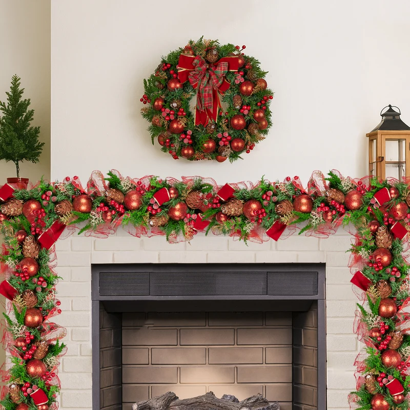Christabelle 1m Christmas Garland with Red Berries Pine Cones Baubles Berries Tree Decoration Ornament