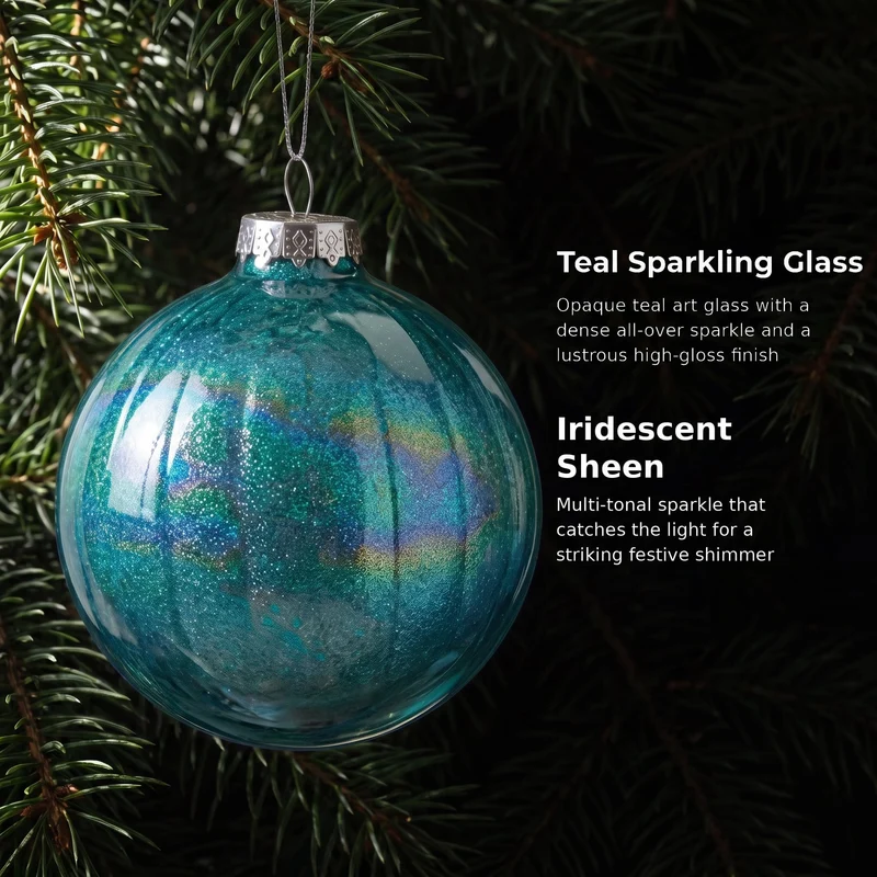 Christabelle 6 Teal Glass Christmas Baubles Textured Gloss 8cm Xmas Tree Decorations Hanging Ornaments Gift Boxed Set