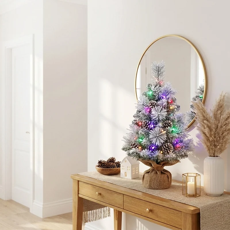 Christabelle 61cm 2ft Alpine Snow Potted Christmas Tree Pre Lit LED Pinecone Hessian Tabletop Festive Holiday Decoration