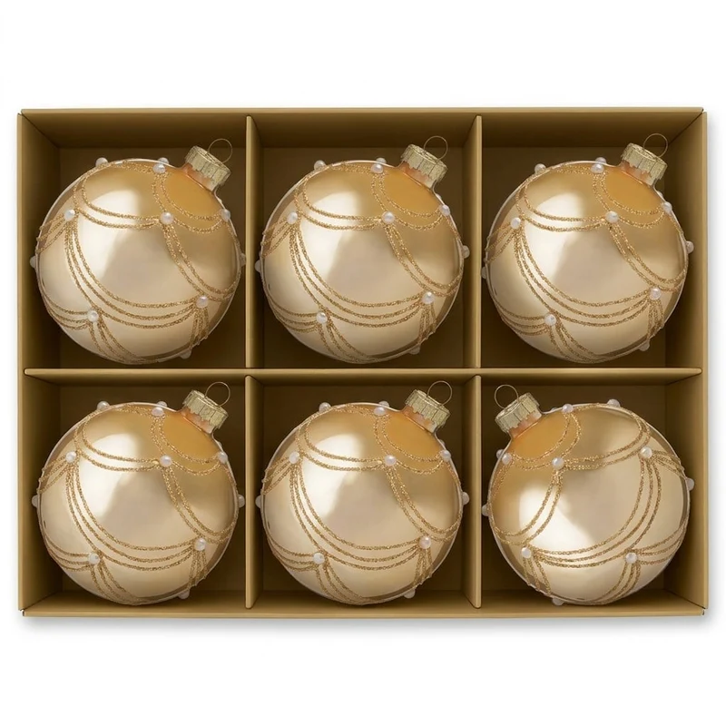 Christabelle 6 Champagne Glass Christmas Baubles Gold Swirl Pearl 8cm Xmas Tree Decorations Hanging Ornaments