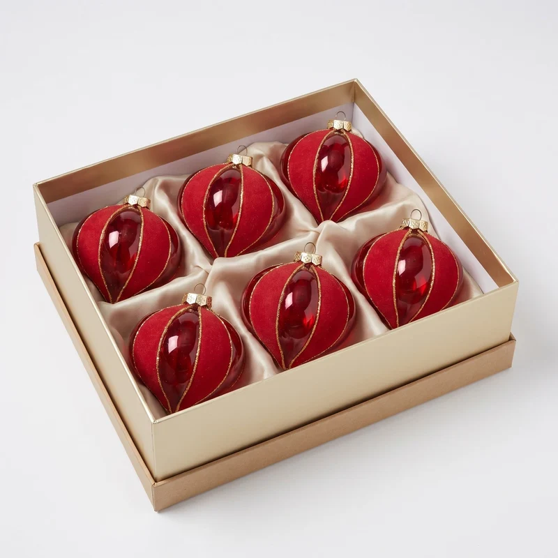 Christabelle 6 Red Glass Christmas Baubles Onion Shape 10cm Xmas Tree Decorations Hanging Ornaments Gift Boxed Set