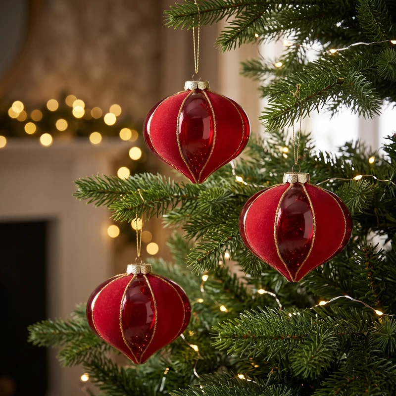 Christabelle 6 Red Glass Christmas Baubles Onion Shape 10cm Xmas Tree Decorations Hanging Ornaments Gift Boxed Set