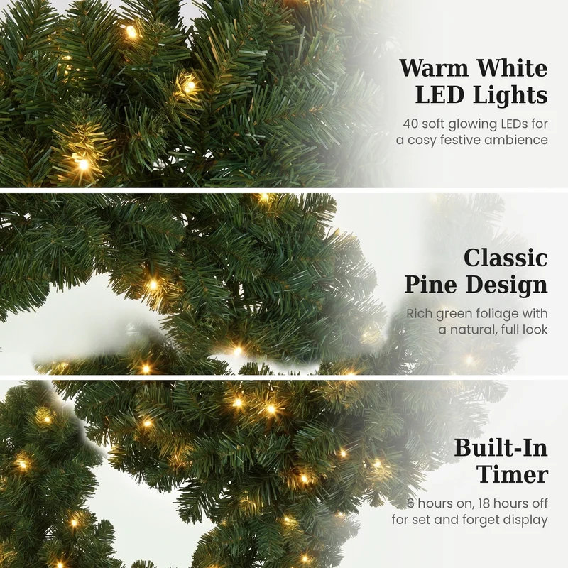 Christabelle 61cm Highland Pine Christmas Wreath Pre Lit Warm White LED Battery Operated Timer Hanging Wall Display Home