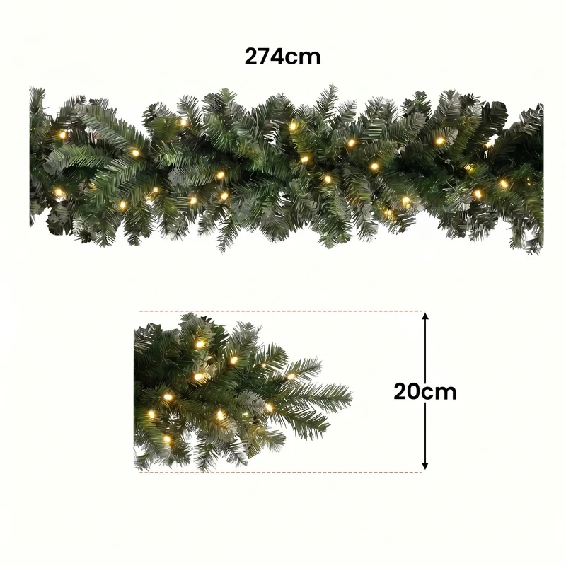 Christabelle 2.74m Highland Pine Christmas Garland Pre Lit Warm White LED Mantel Staircase Xmas Decoration Home