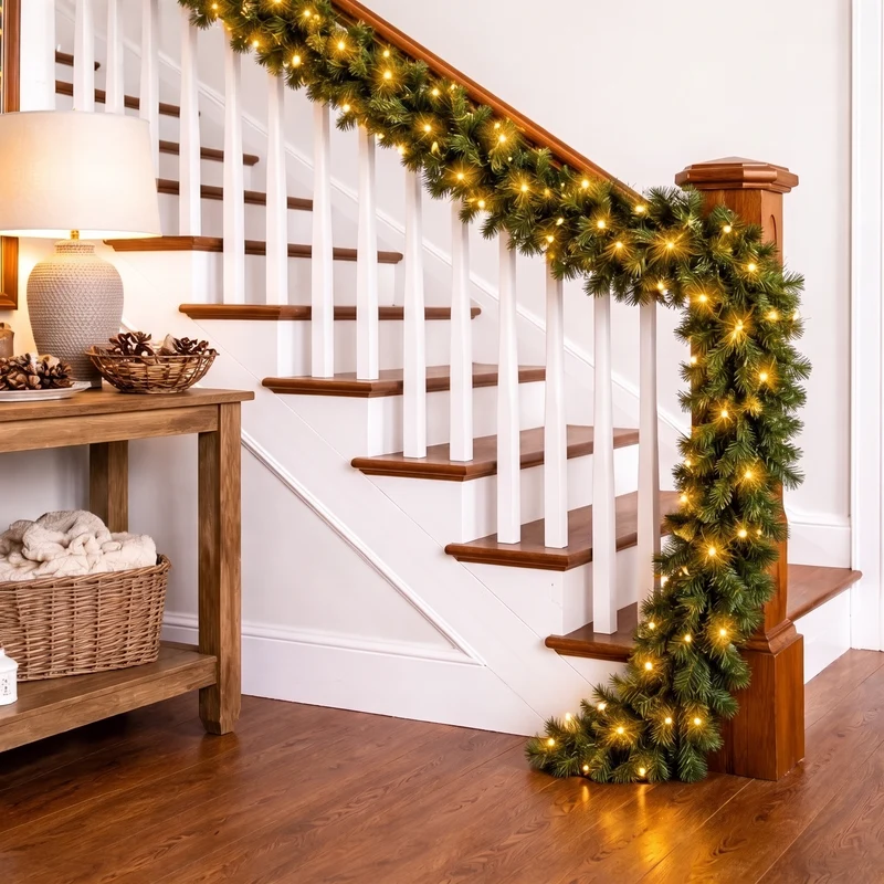 Christabelle 2.74m Highland Pine Christmas Garland Pre Lit Warm White LED Mantel Staircase Xmas Decoration Home