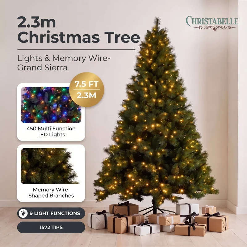 Christabelle 2.3m 7.5ft Grand Sierra Christmas Tree Pre Lit Multi Function LED Memory Wire Artificial Indoor Xmas Decor