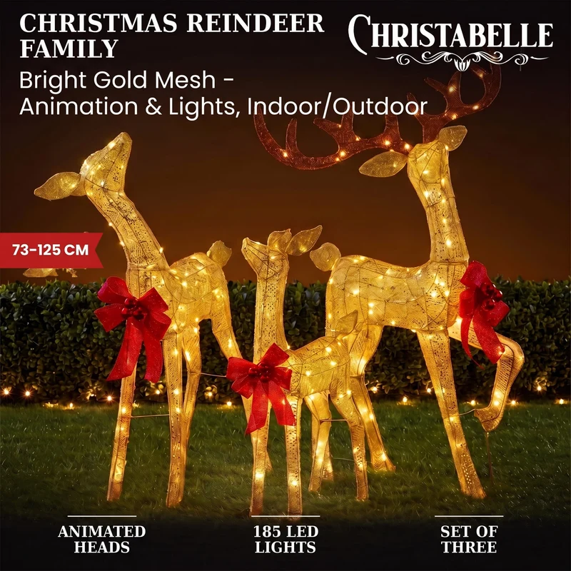 Christabelle 3 Reindeer Family Christmas Light Up Display 1.25m Gold Mesh Animated Outdoor Indoor Xmas Yard Lawn Statue