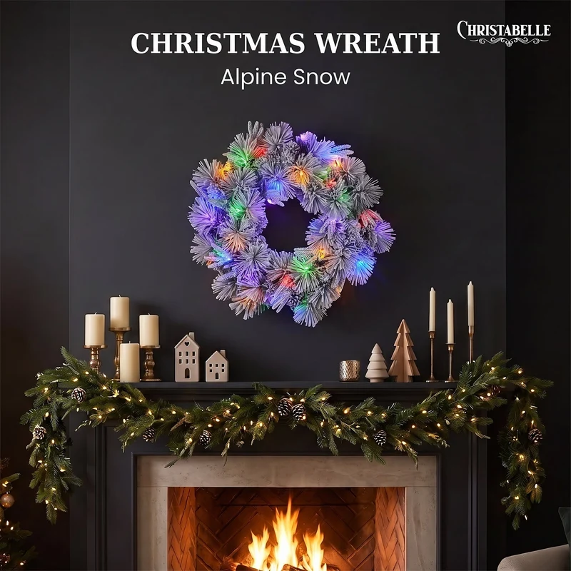 Christabelle 61cm Alpine Snow Christmas Wreath Pre Lit Multi Function LED Timer Pinecone Front Door Xmas Decoration Home