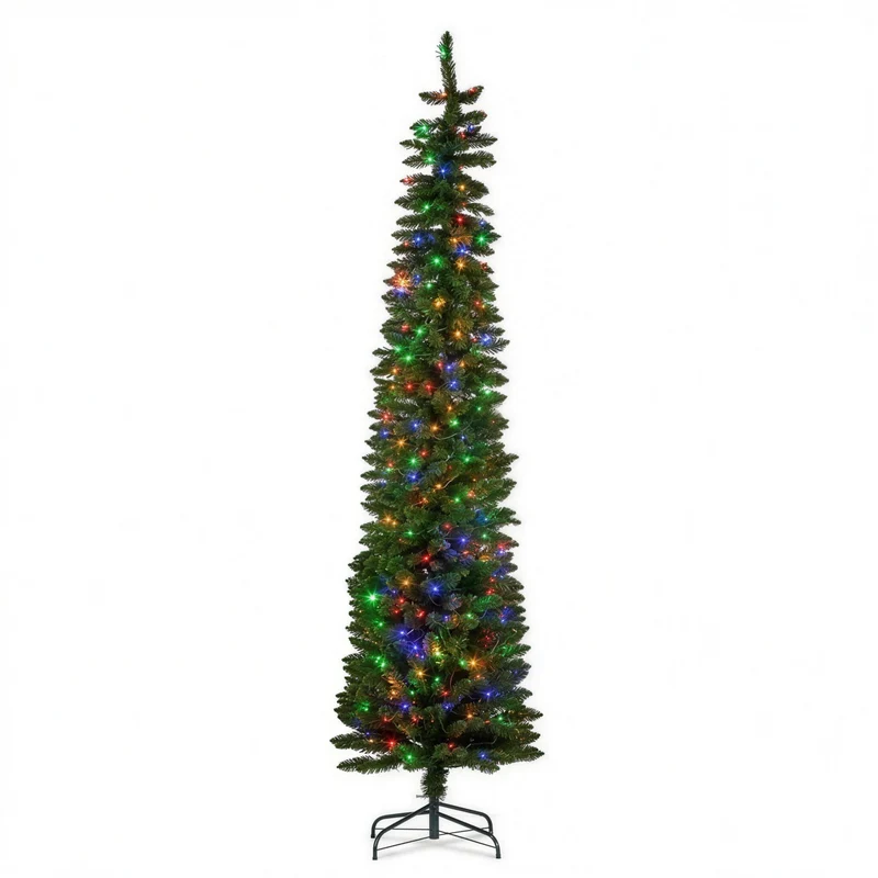 Christabelle 1.8m 6ft Pencil Pine Christmas Tree Pre Lit Multi Function LED Slim Artificial Indoor Xmas Decor Home
