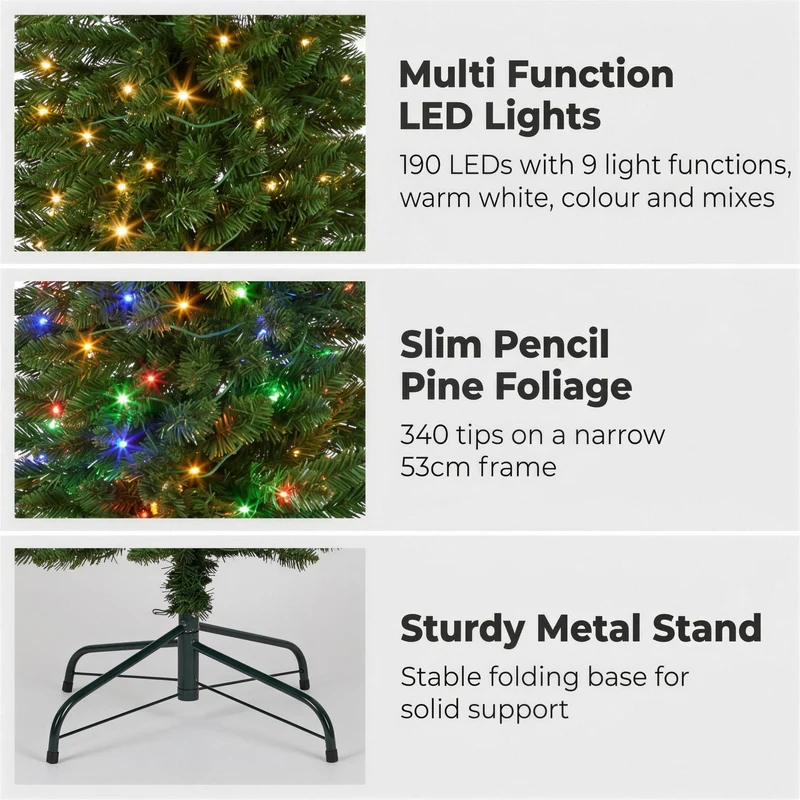 Christabelle 1.8m 6ft Pencil Pine Christmas Tree Pre Lit Multi Function LED Slim Artificial Indoor Xmas Decor Home