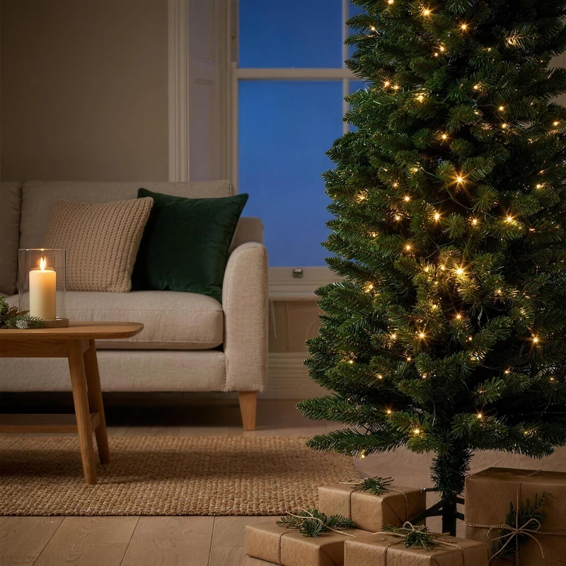 Christabelle 2.3m 7.5ft Pencil Pine Christmas Tree Pre Lit Multi Function LED Slim Artificial Indoor Xmas Decor Home