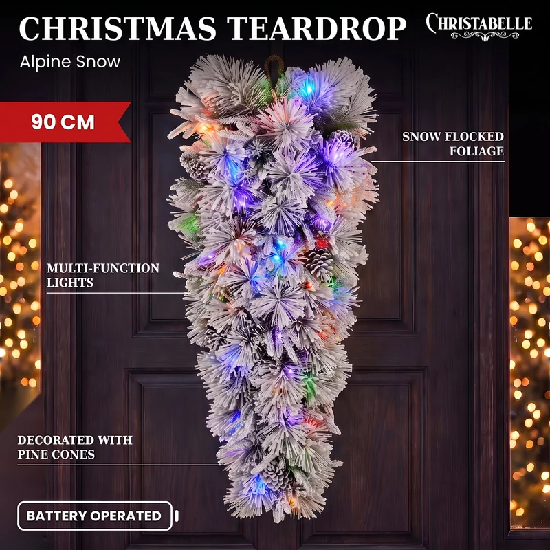 Christabelle 90cm Alpine Snow Christmas Wreath Teardrop Pre Lit Multi Function LED Timer Flocked Pine Cones Home