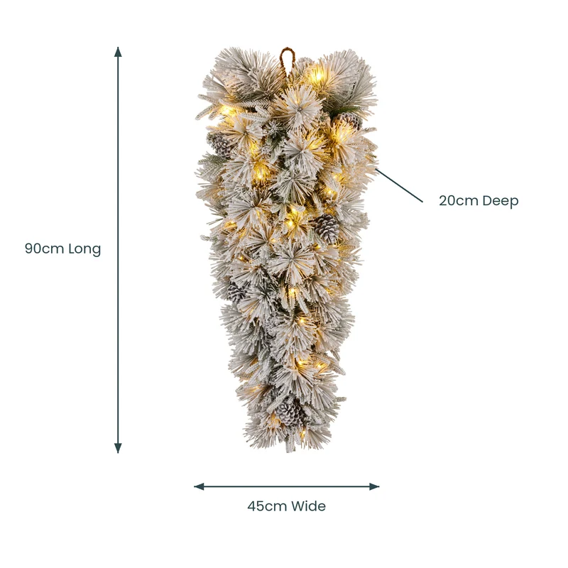 Christabelle 90cm Alpine Snow Christmas Wreath Teardrop Pre Lit Multi Function LED Timer Flocked Pine Cones Home