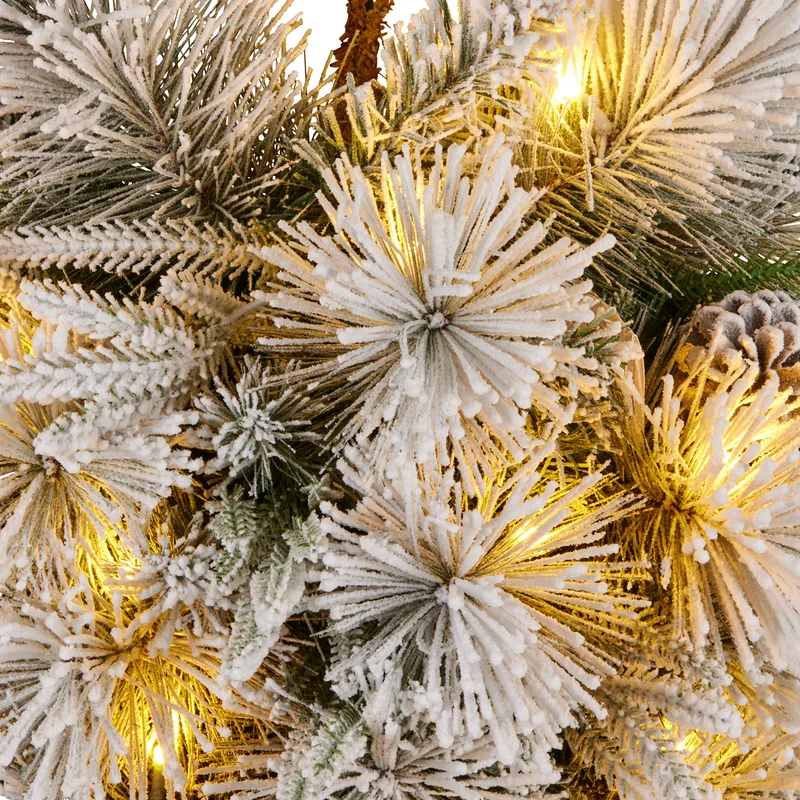 Christabelle 90cm Alpine Snow Christmas Wreath Teardrop Pre Lit Multi Function LED Timer Flocked Pine Cones Home