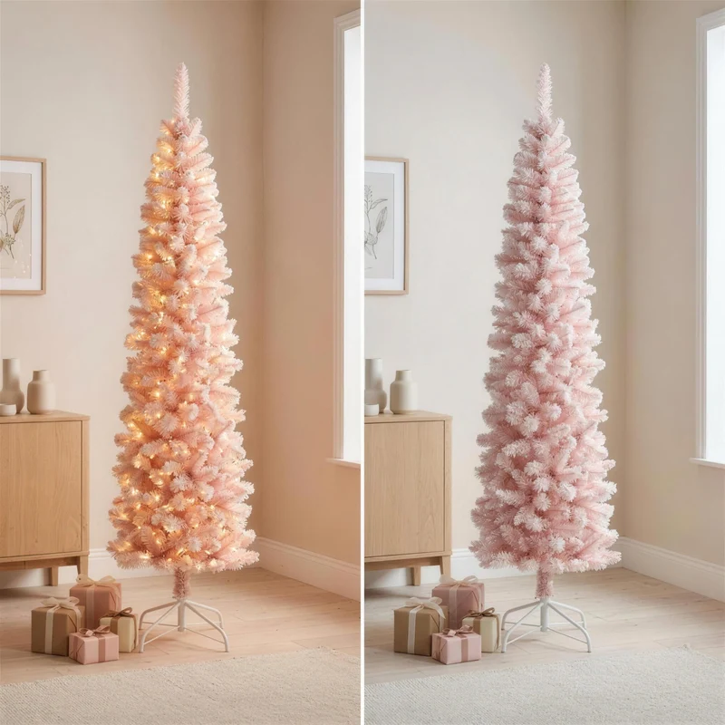 Christabelle 1.8m 6ft Pink Fairy Floss Christmas Tree Pre Lit RGB LED Flocked Slim Artificial Indoor Xmas Decor Home