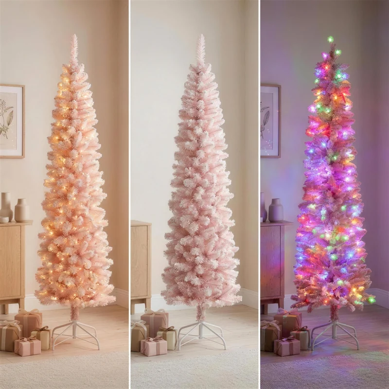 Christabelle 1.8m 6ft Pink Fairy Floss Christmas Tree Pre Lit RGB LED Flocked Slim Artificial Indoor Xmas Decor Home