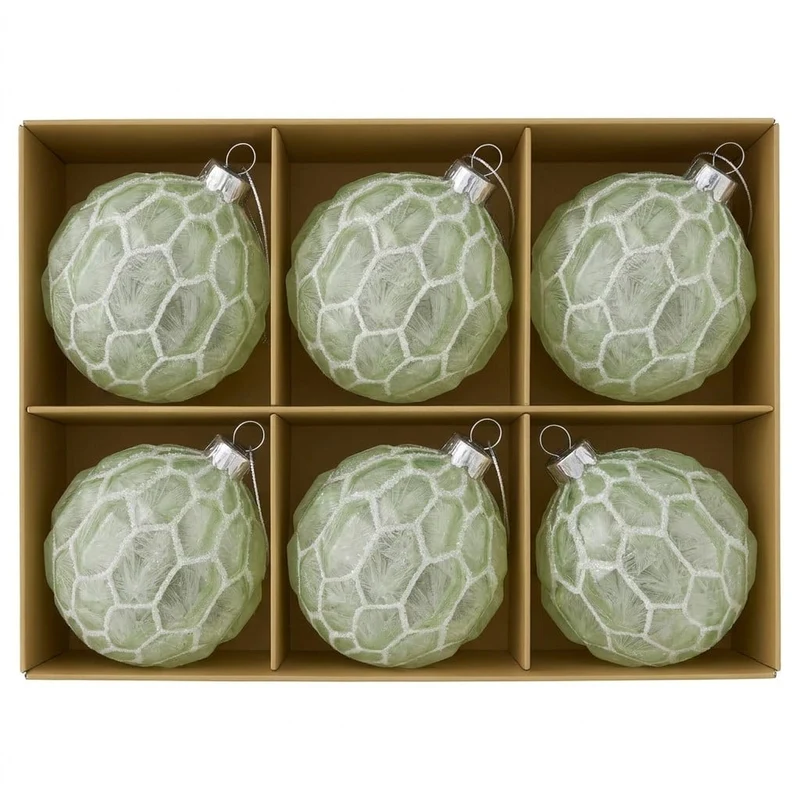 Christabelle 6 Pale Green Glass Christmas Baubles White Shimmer 8cm Xmas Tree Decorations Hanging Ornaments