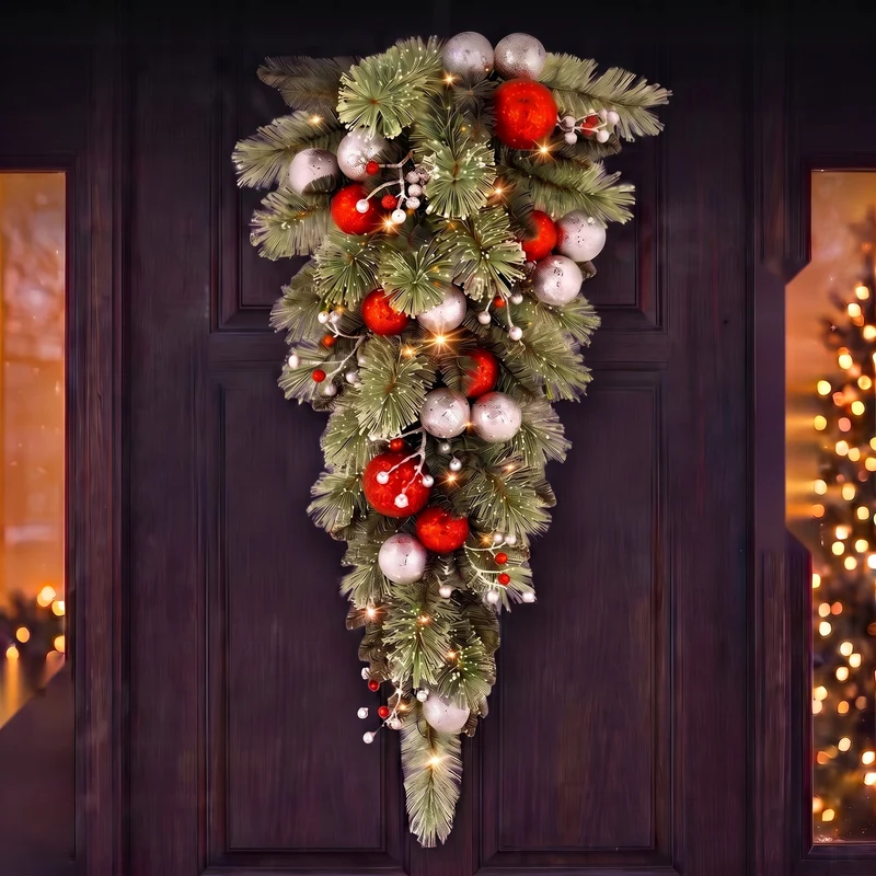 Christabelle 90cm Jingle Bells Christmas Teardrop Wreath Pre Lit Warm White LED Baubles Berries Silver Shimmer Foliage
