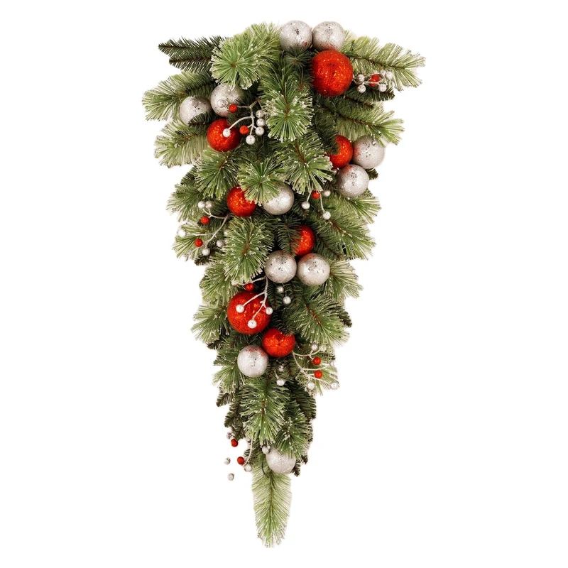 Christabelle 90cm Jingle Bells Christmas Teardrop Wreath Pre Lit Warm White LED Baubles Berries Silver Shimmer Foliage