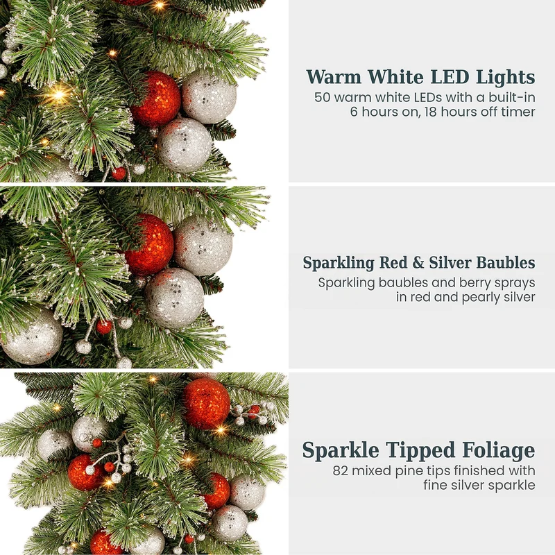 Christabelle 90cm Jingle Bells Christmas Teardrop Wreath Pre Lit Warm White LED Baubles Berries Silver Shimmer Foliage