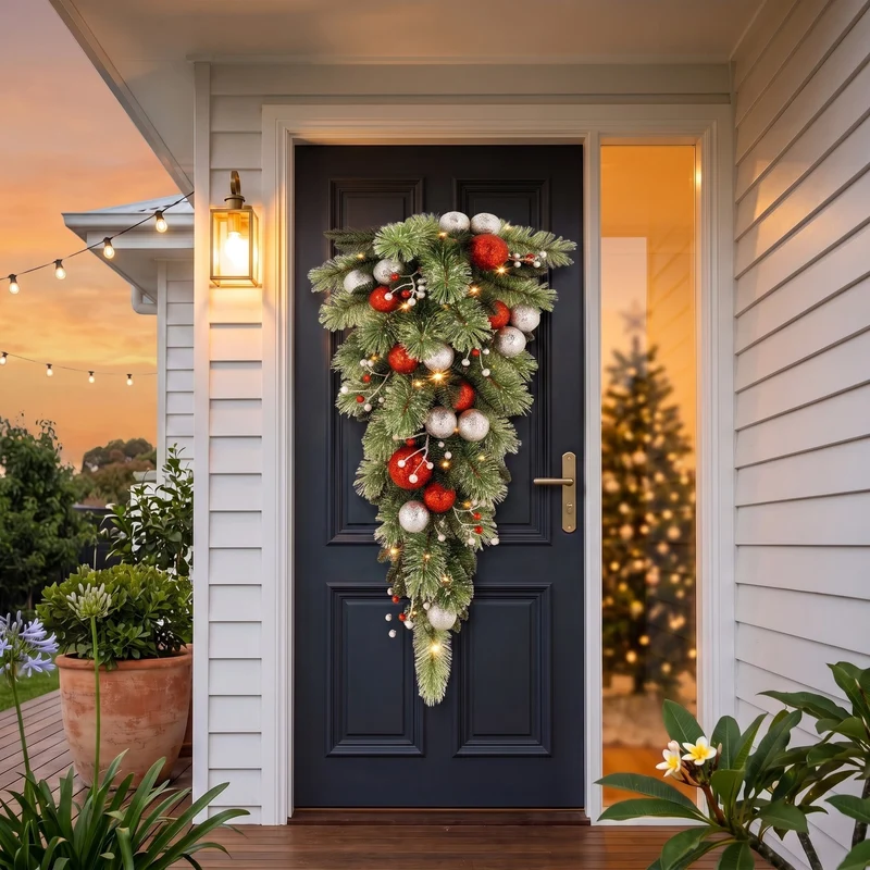 Christabelle 90cm Jingle Bells Christmas Teardrop Wreath Pre Lit Warm White LED Baubles Berries Silver Shimmer Foliage