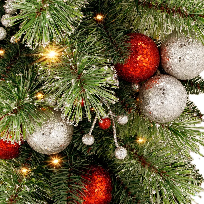 Christabelle 90cm Jingle Bells Christmas Teardrop Wreath Pre Lit Warm White LED Baubles Berries Silver Shimmer Foliage