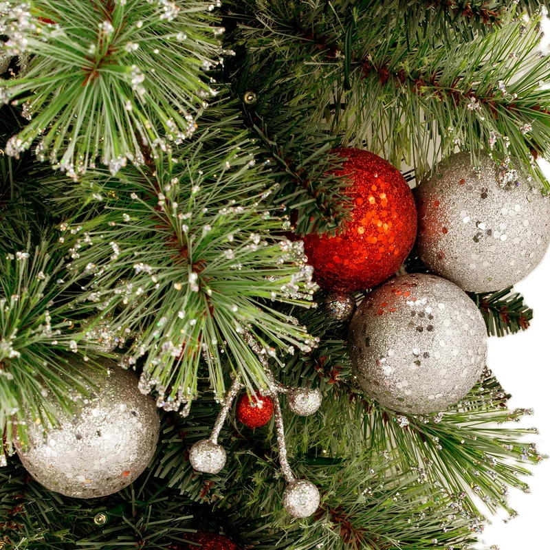 Christabelle 90cm Jingle Bells Christmas Teardrop Wreath Pre Lit Warm White LED Baubles Berries Silver Shimmer Foliage