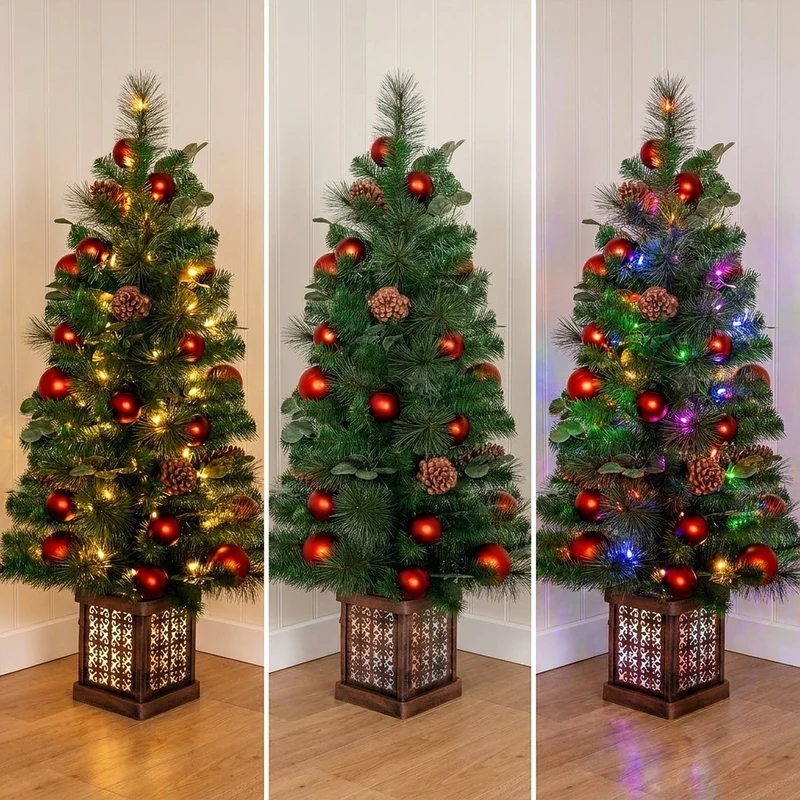 Christabelle 1.2m 4ft Sable Fir Potted Christmas Tree Pre Lit Multi Function LED Artificial Indoor Xmas Decor Home