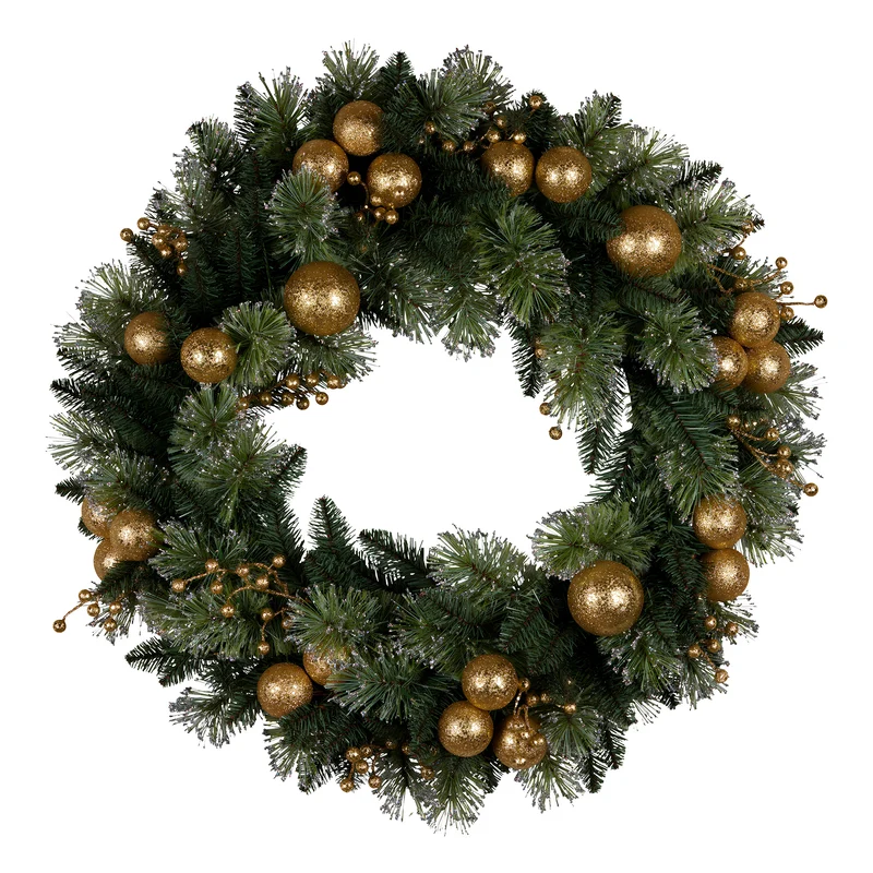 Christabelle 61cm Christmas Wreath Glittery with LED Lights Golden Baubles Front Door Decoration Ornament