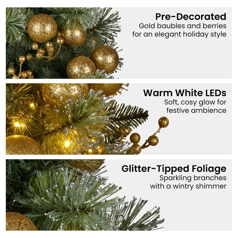Christabelle 61cm Christmas Wreath Glittery with LED Lights Golden Baubles Front Door Decoration Ornament