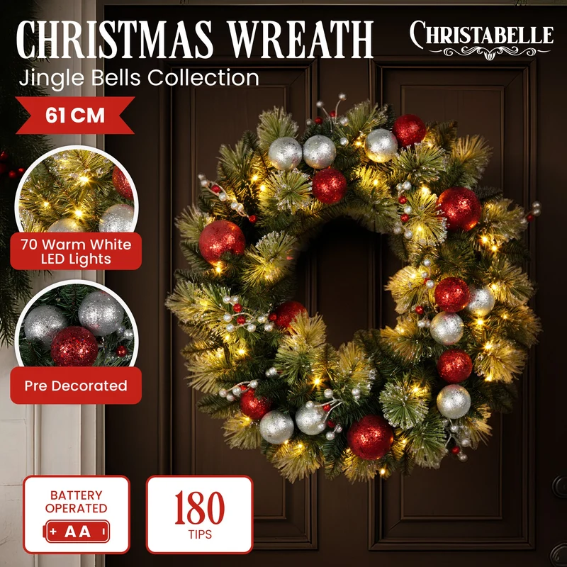 Christabelle 61cm Christmas Wreath with LED Lights Baubles Berries Red Silver Front Door Decoration