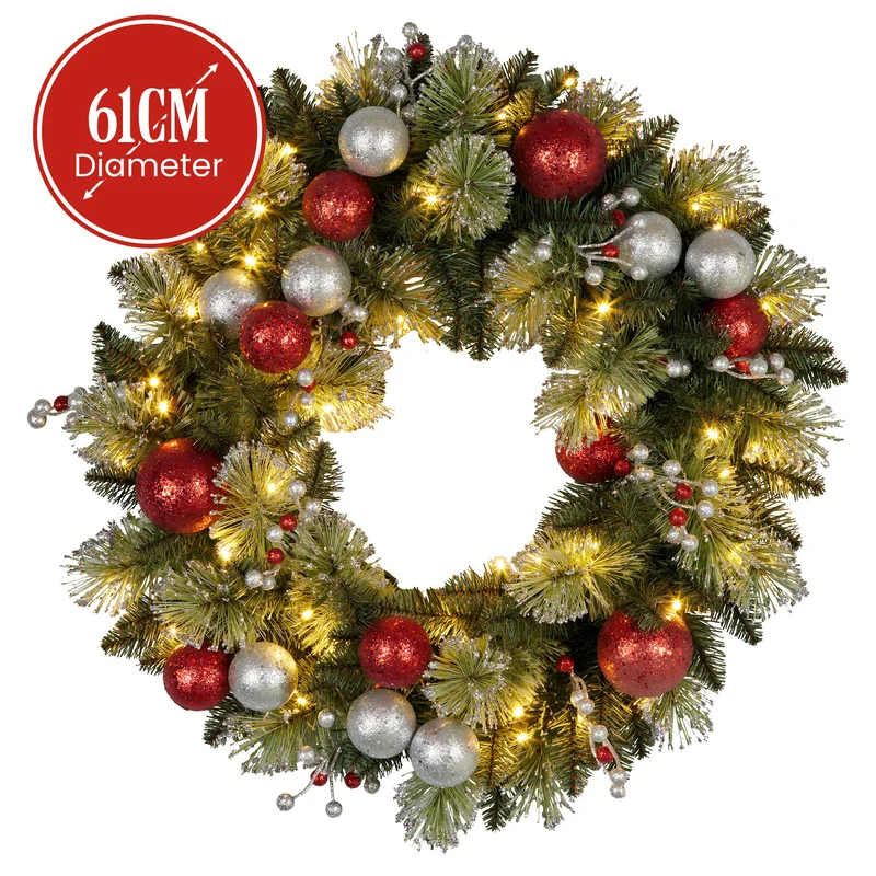 Christabelle 61cm Christmas Wreath with LED Lights Baubles Berries Red Silver Front Door Decoration